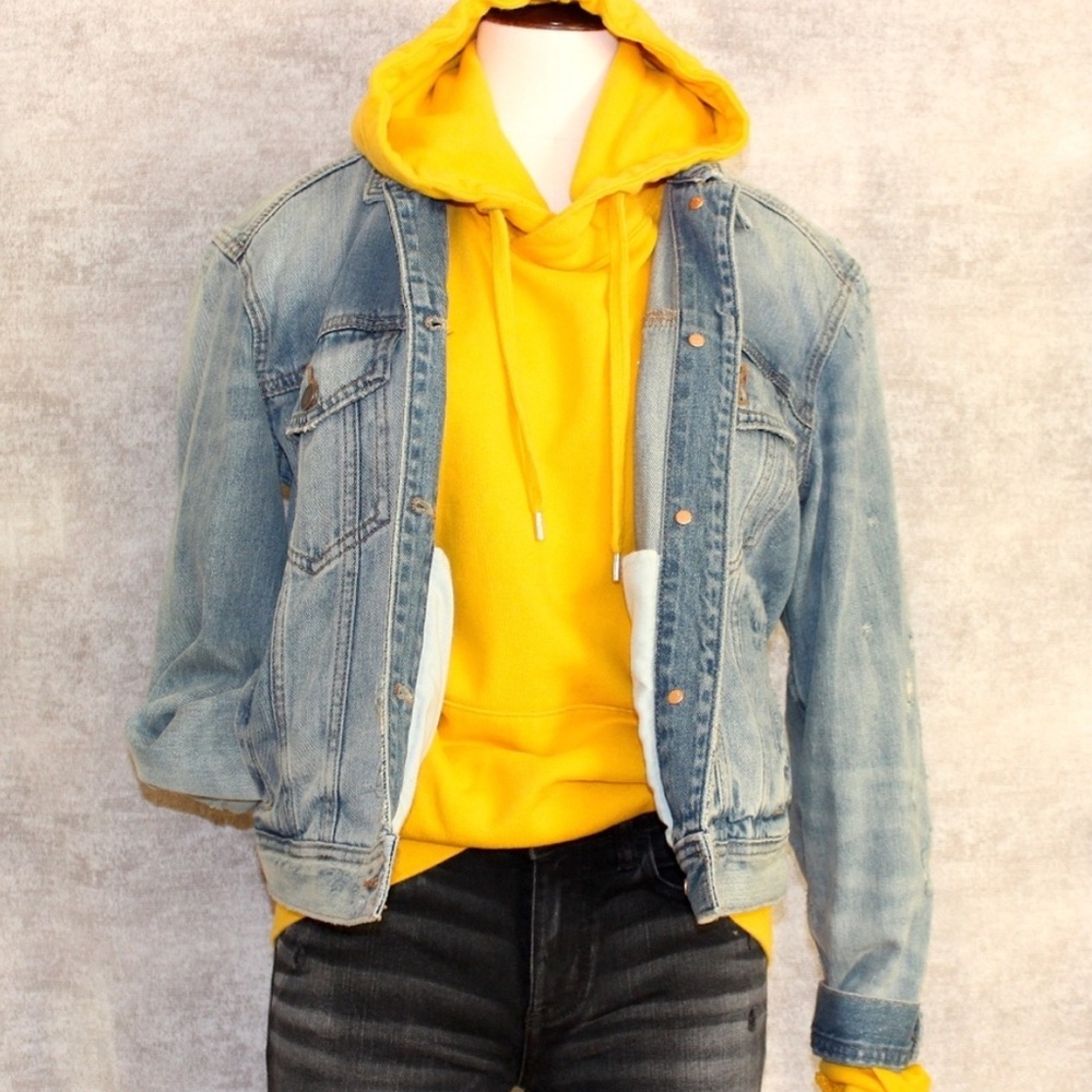 AE Distressed Denim Blue Jean Button Down Jacket Small Boxy Trucker